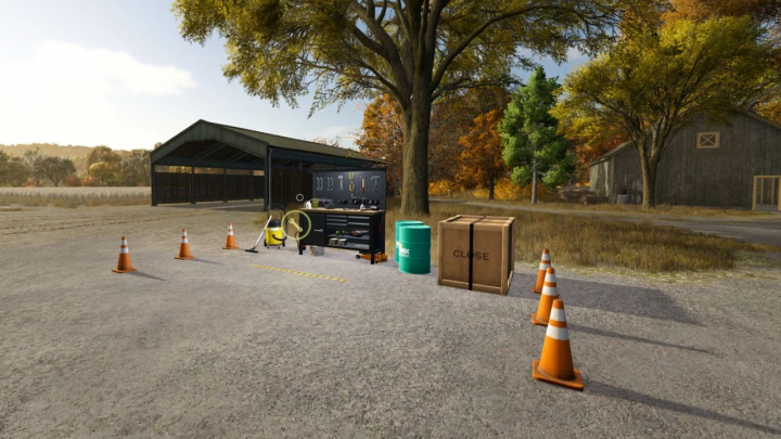 fs25-mods,  Workshop station mod for FS25 showing tools and equipment under a tree beside a barn.