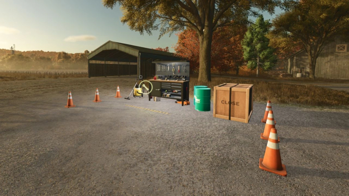 fs25-mods,  FS25 mod Workshop Station v1.0.0.2 displaying a workbench with tools, traffic cones, and a crate in a farm setting.