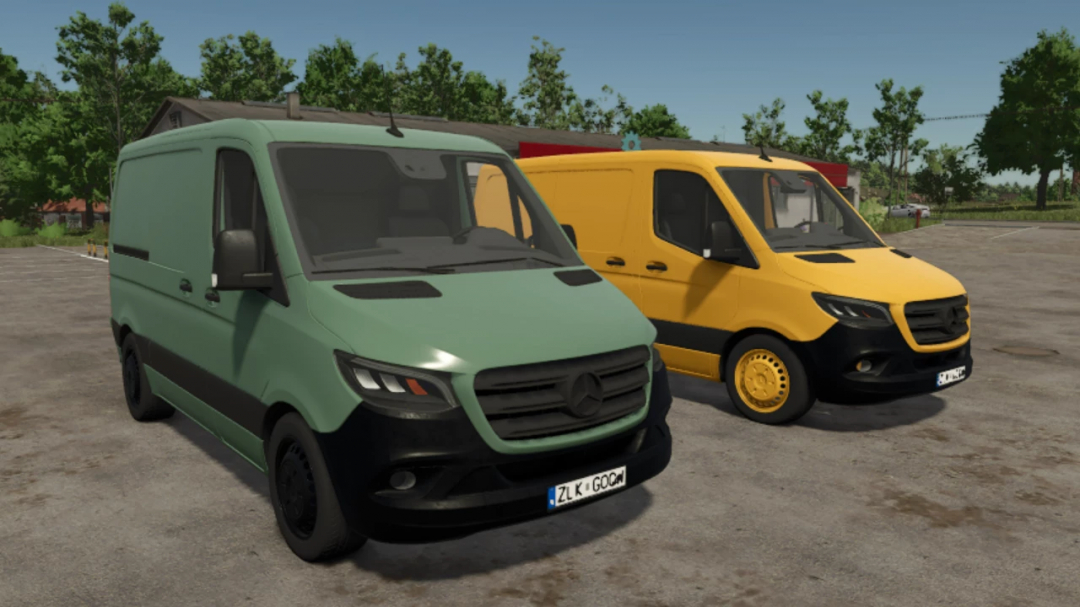 2018 Mercedes-Benz Sprinter mod in FS25, featuring green and yellow vans. Farming Simulator 25 mods.