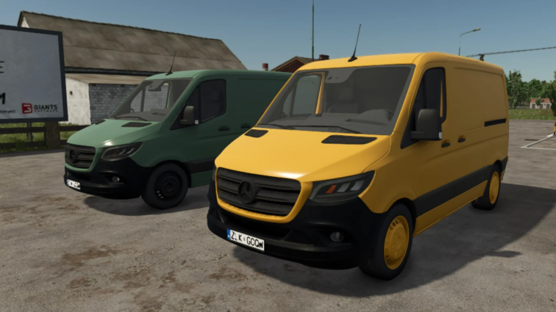 Two Mercedes-Benz Sprinter vans in green and yellow, featured in FS25 mod 2018, parked in a farm setting.