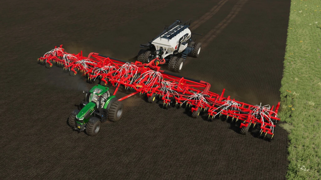 FS22 mod: Deutz Series 9 tractor pulling a large red seeder in Farming Simulator 22.