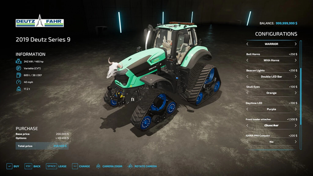 FS22 mod, 2019 Deutz Series 9 tractor with custom configurations, including tracks and LED lights, displayed in a virtual showroom.