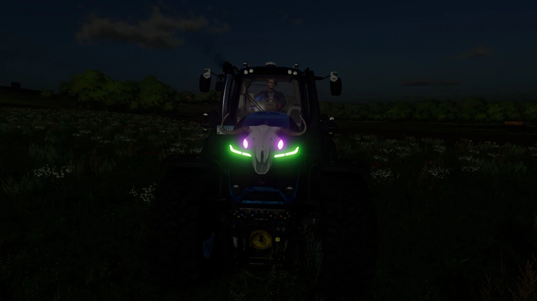 Front view of the 2019 Deutz Series 9 tractor mod in FS22, displayed at night with glowing green and purple lights.