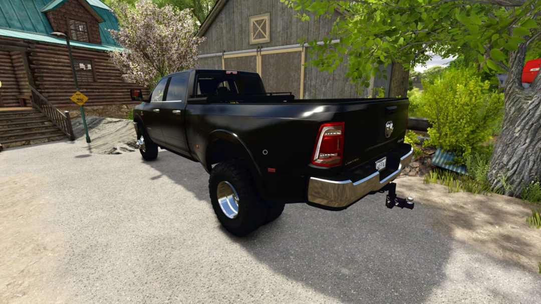 2024 Dodge Ram 3500 CrewCab mod in FS25 near a cabin, highlighting its sleek design.