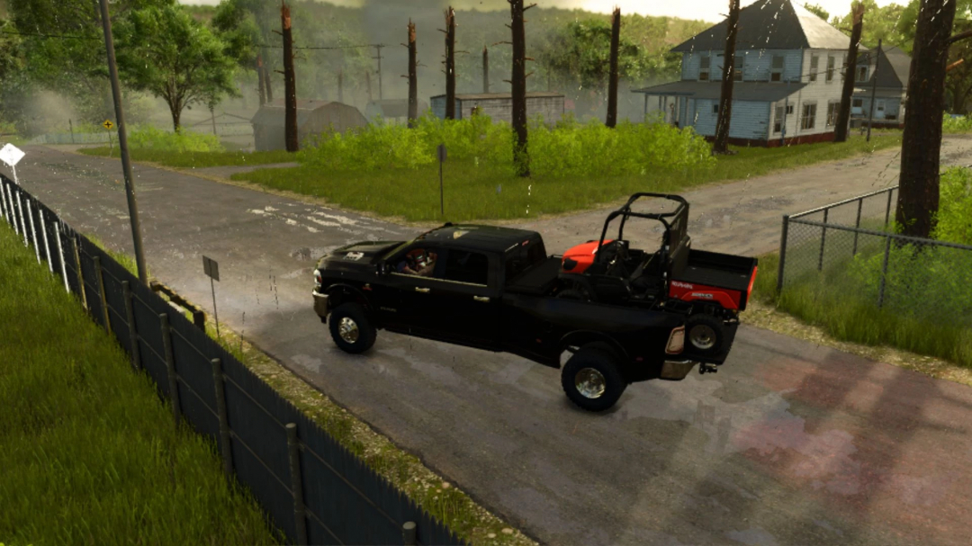 2024 Dodge Ram 3500 CrewCab mod in FS25 game showing a black truck driving on a rural road.