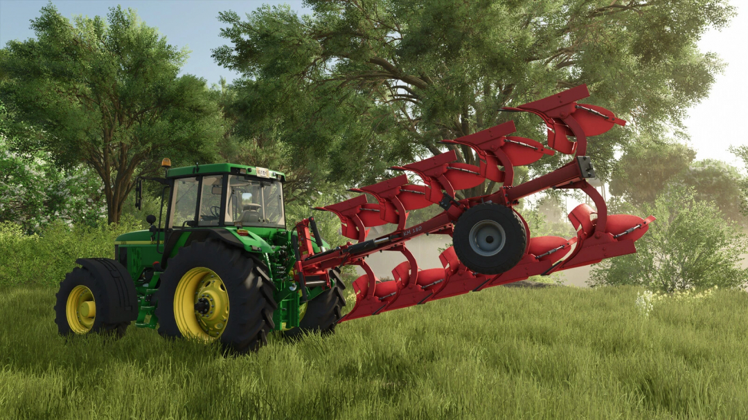 Green tractor with Akpil KM180 4+1+1 mod on grass in FS25, Farming Simulator 25 mod.