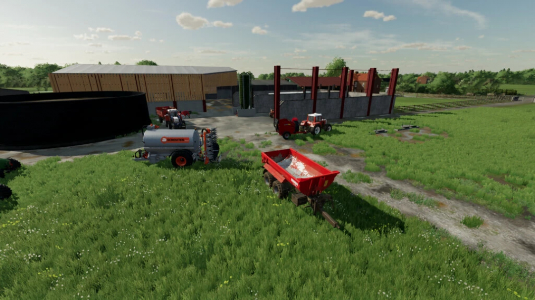 FS22 mod Ballam Rd Dairy Farming v1.2.3.0 featuring farm equipment and green fields in Farming Simulator 22.