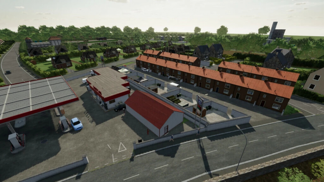 FS22 mods Ballam Rd Dairy Farming v1.2.3.0 image, featuring a detailed town with a gas station and residential area.