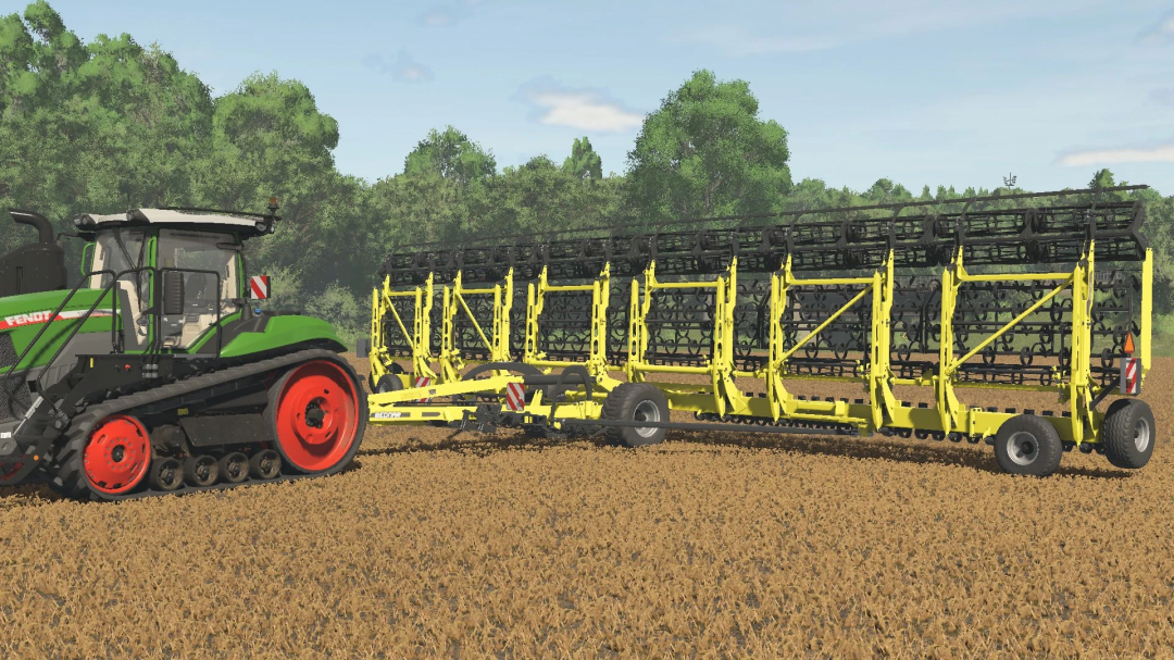 FS25 mod Bednar SWIFTER SM 18000 v1.0.0.0 attached to a tractor in a field, Farming Simulator 25