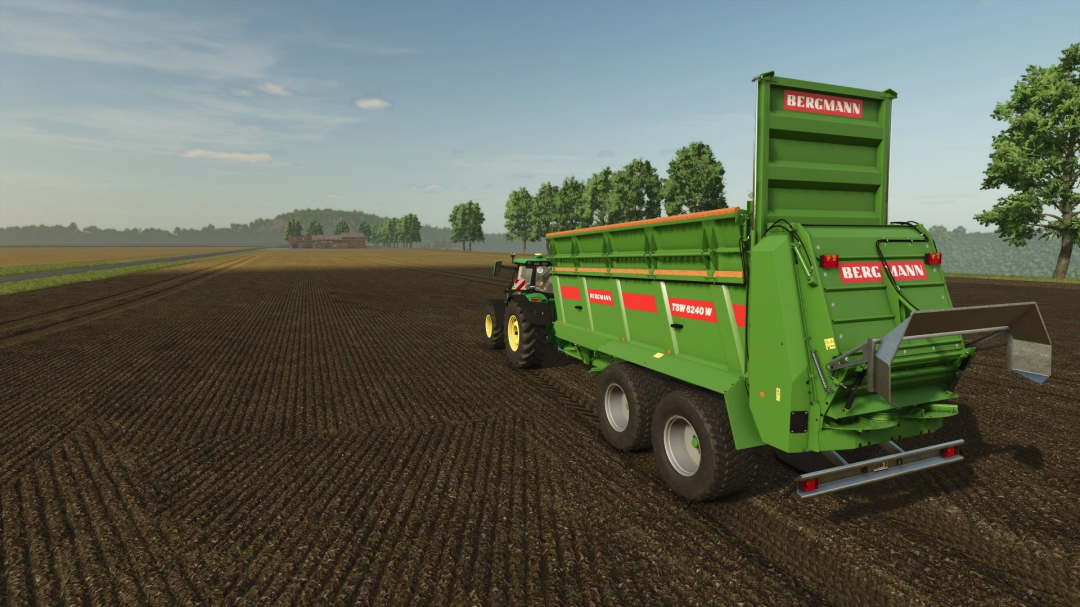 FS25 mod Bergmann TSW 6240 W on a tractor in a field, showcasing Farming Simulator 25 gameplay.