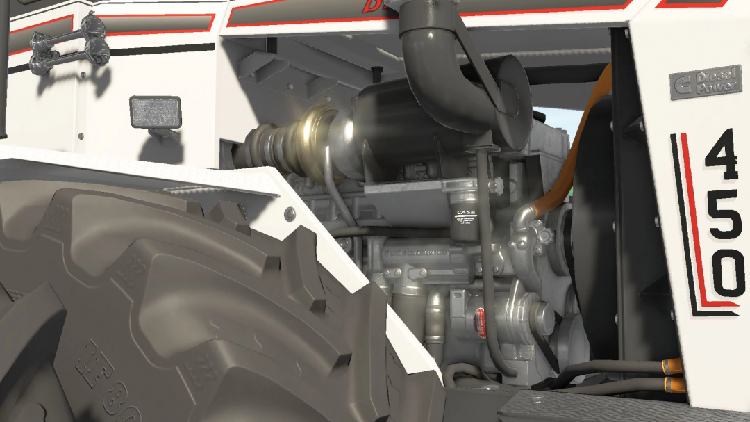 Close-up of the Big Bud 450 engine in FS25 mod, showcasing detailed mechanics.