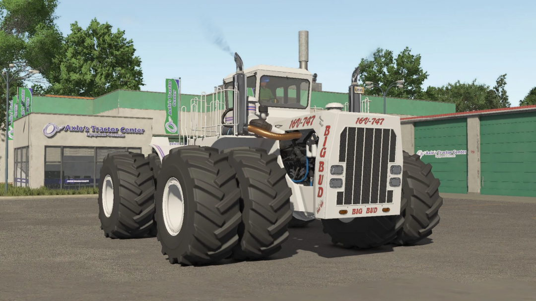 Big Bud 747 tractor mod for FS25 parked in front of Axle's Tractor Center.