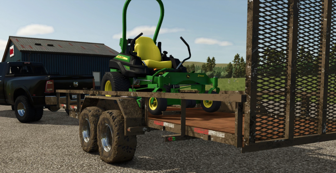 FS25 mod BigTex 24FT trailer v1.0.0.1 hauling green lawnmower connected to a black pickup truck.