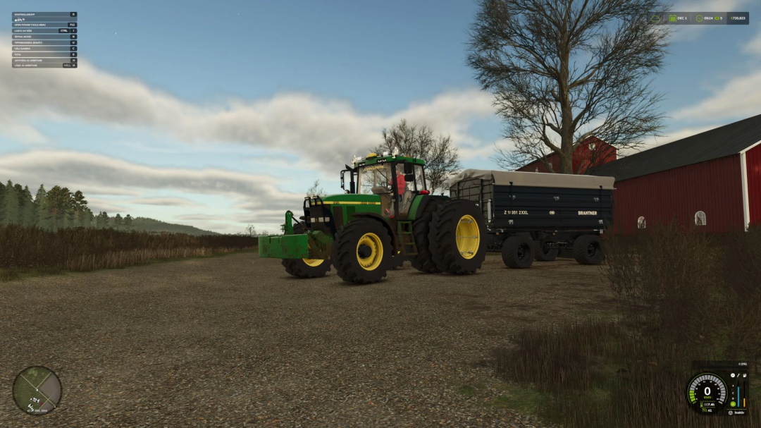 FS25 mod Brantner Z18051 in Farming Simulator 25, depicting a green tractor towing a trailer on a farm. 