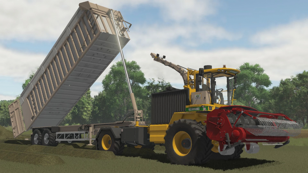 FS25 mods: CMC Saturne 5800 in Farming Simulator 25 with elevated trailer.