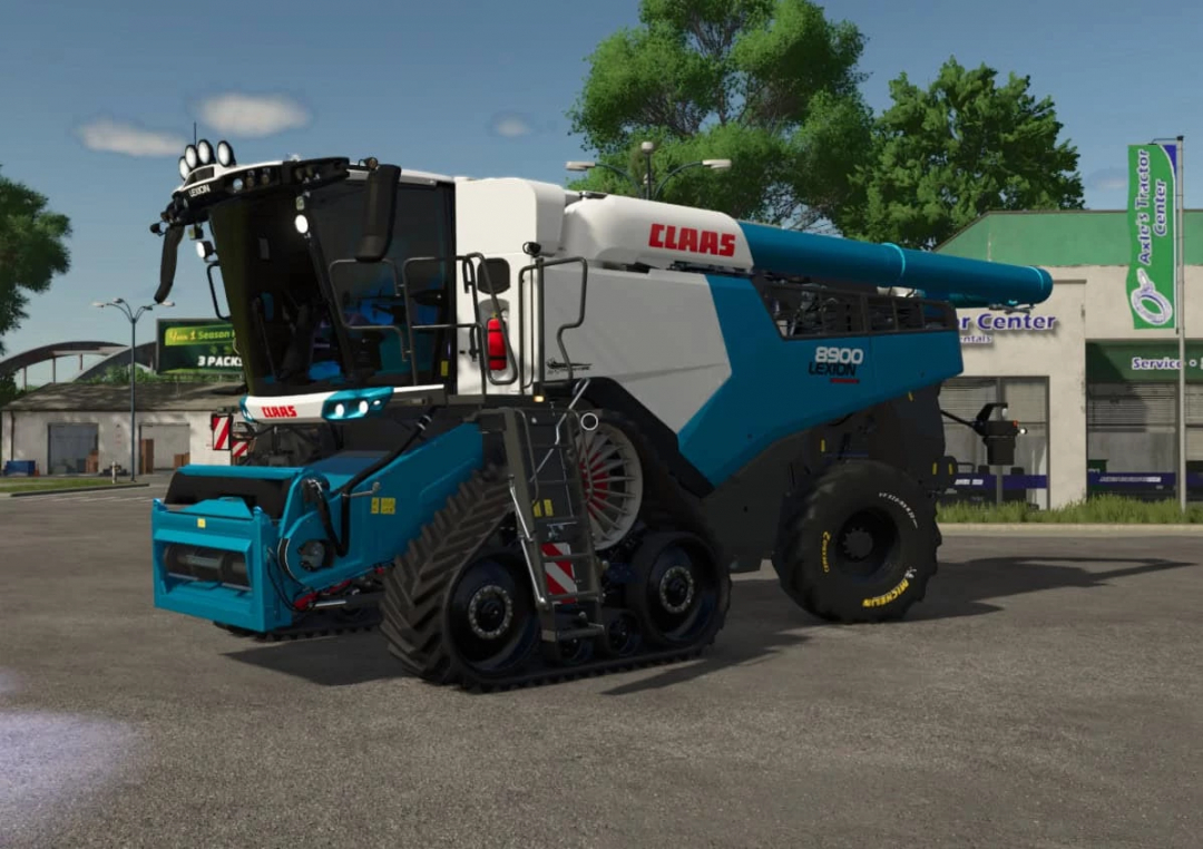 FS25 mod: Customized Claas Lexion 8900 harvester in blue and white parked in a Farming Simulator 25 scene.