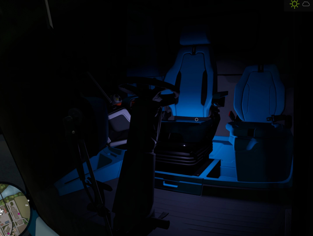 FS25 mod cockpit view of Custom Claas Lexion 8900 with blue lighting, showcasing detailed interior features.