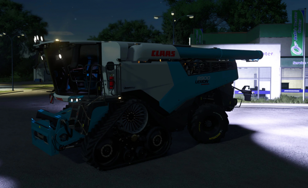 Farming Simulator 25 mod showcasing CUSTOM CLAAS LEXION 8900 at night, highlighting its advanced features.