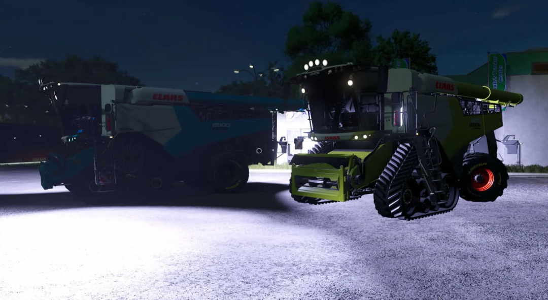 Custom CLAAS LEXION 8900/8800 mod in FS25, showcasing combine harvesters at night. Farming Simulator 25 mods.