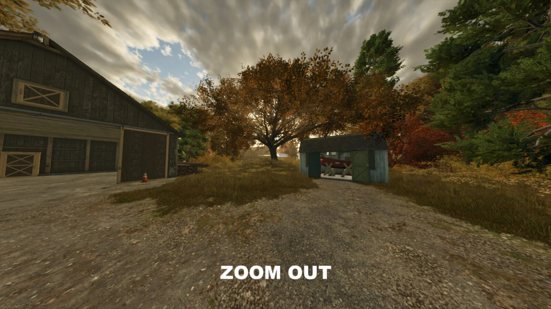 FS25 mod Camera Zoom v1.1.0.0 shows a farm scene with a barn, trees, and open sky, featuring a zoomed-out view.