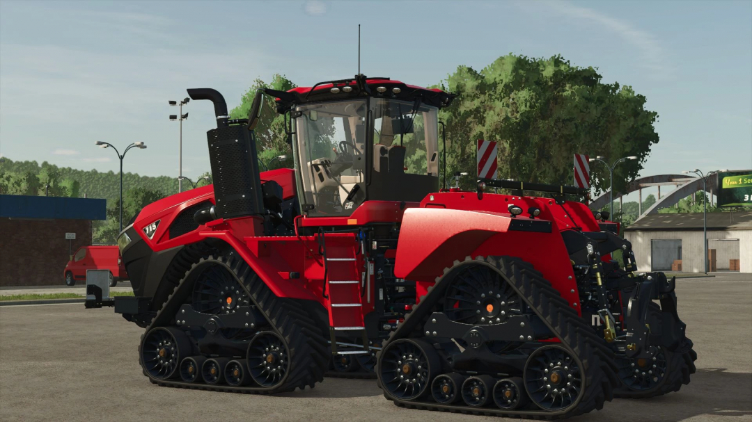 FS25 mod Case IH Steiger 715 tractor with tracks in a parking lot, featuring realistic design and details.