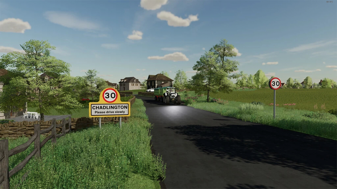 FS22 Chadlington Map v1.0.1.0 showing a rural road with a tractor and speed signs.