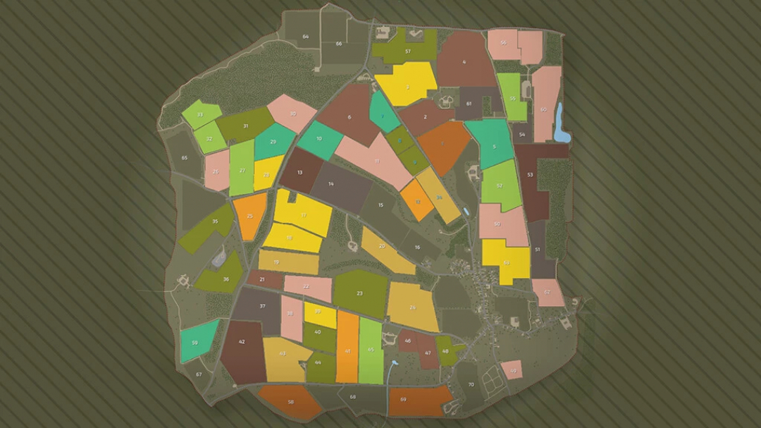 Map of Chadlington in FS25 mod, showing diverse colored plots and features. Farming Simulator 25 mods.