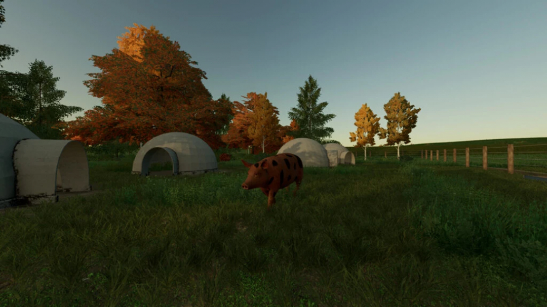 Chadlington Map v1.0.1.0 in FS22 mods shows a tranquil farm scene with a pig and domed shelters among autumn trees.