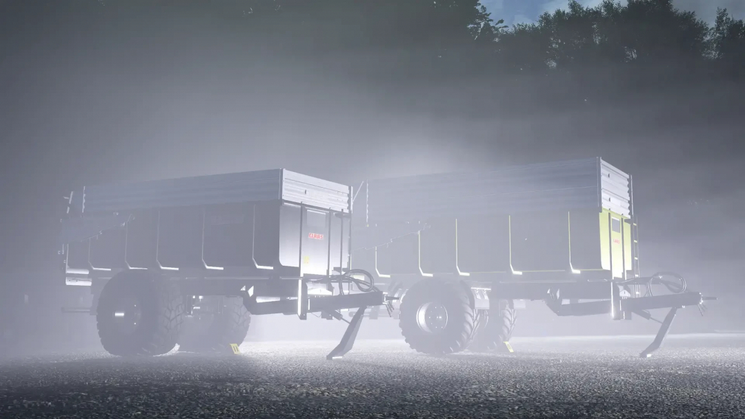 FS25 mod Claas Carat 140TD v1.0.0.0 showcasing trailers in foggy landscape.