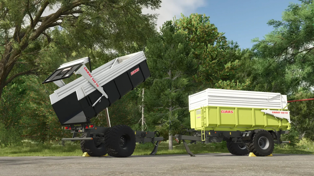 FS25 mods Claas Carat 140TD trailers in lush landscape