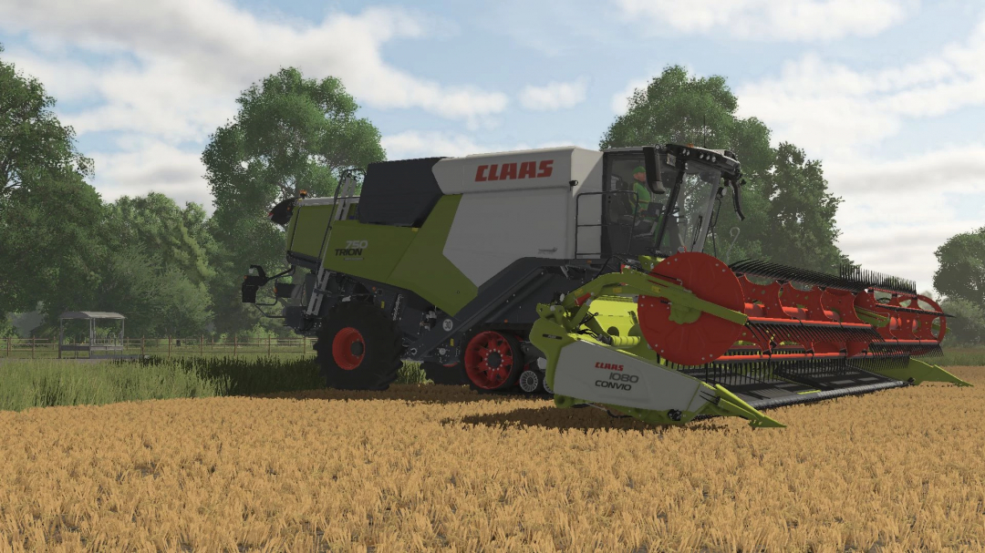 Claas Trion 700 harvester mod in FS25, Farming Simulator 25 mods, harvesting a field with lush trees in the background.