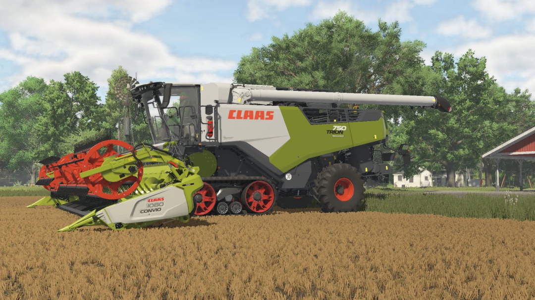 Claas Trion 700 combine harvester mod in FS25, showcasing its features in a field setting.