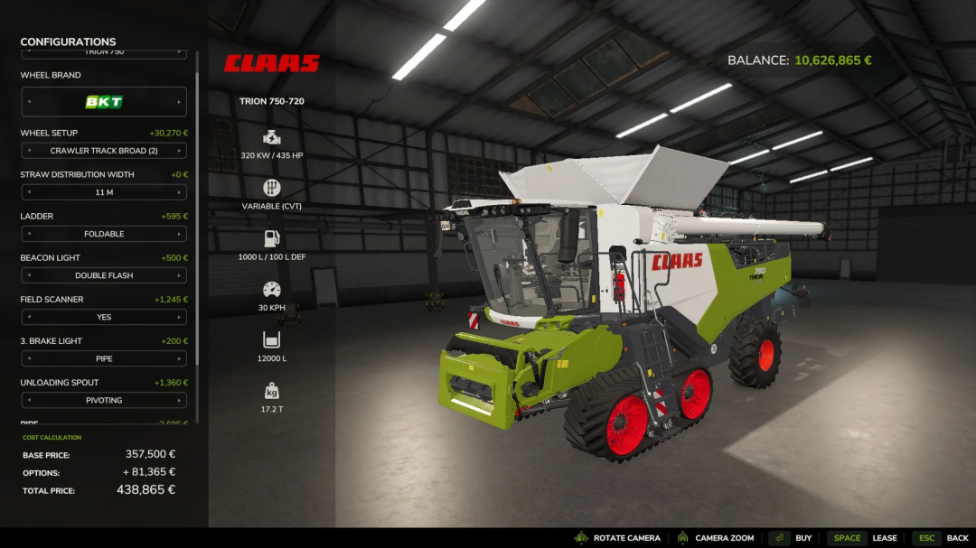 FS25 Claas Trion 700 mod in workshop with configuration options displayed on the left.