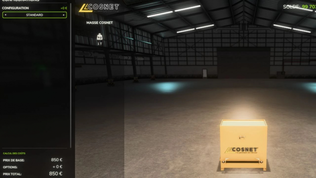 FS25 mod Cosnet weight in a warehouse, showing configuration screen with cost details.