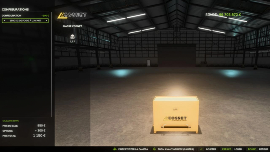 Cosnet weight mod in Farming Simulator 25, showing a 1.5T weight block in a virtual garage.