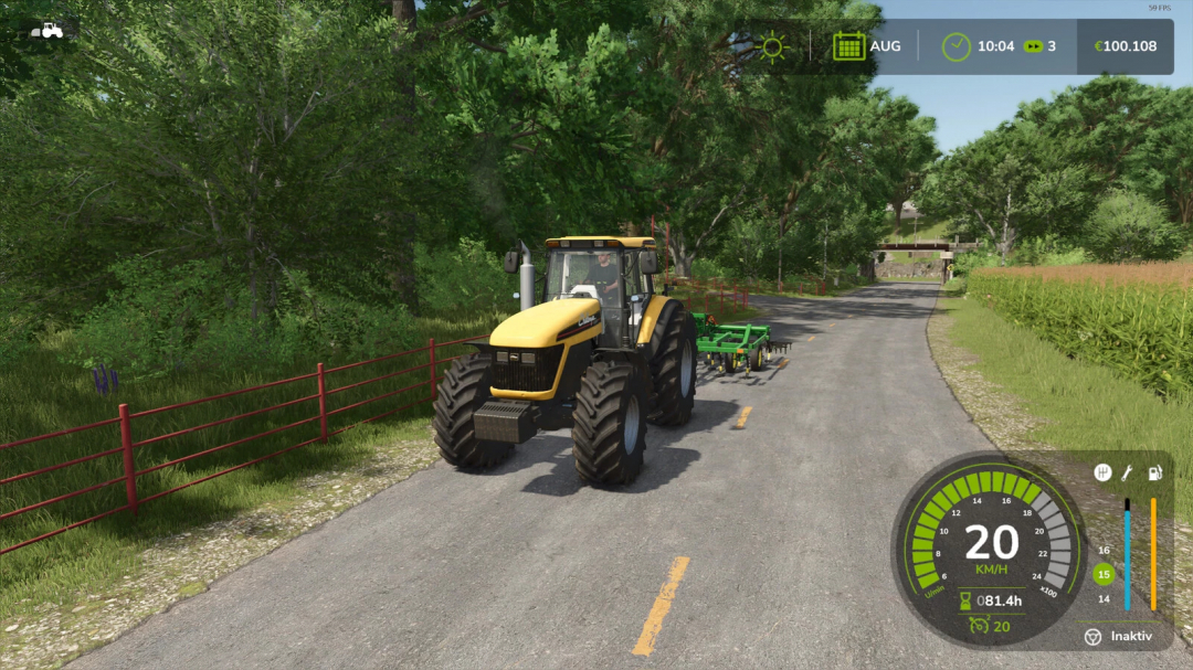 FS25 mod Cruise Control Levels v1.0.0.0 displays a tractor on a road with control panel showing speed and settings.