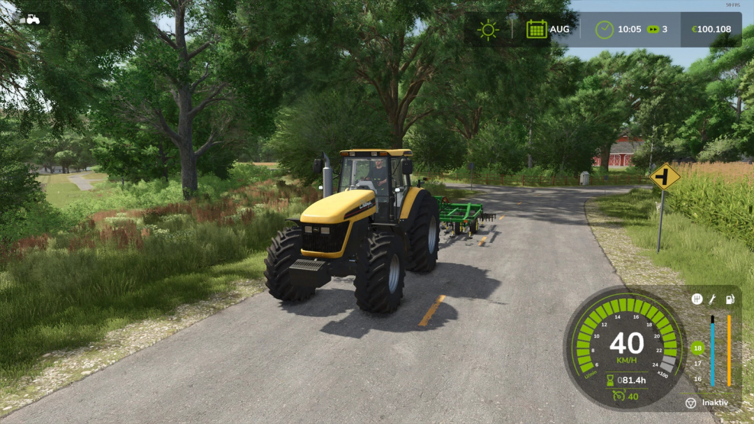 Tractor with Cruise Control Levels mod in FS25, driving on a rural road surrounded by greenery.