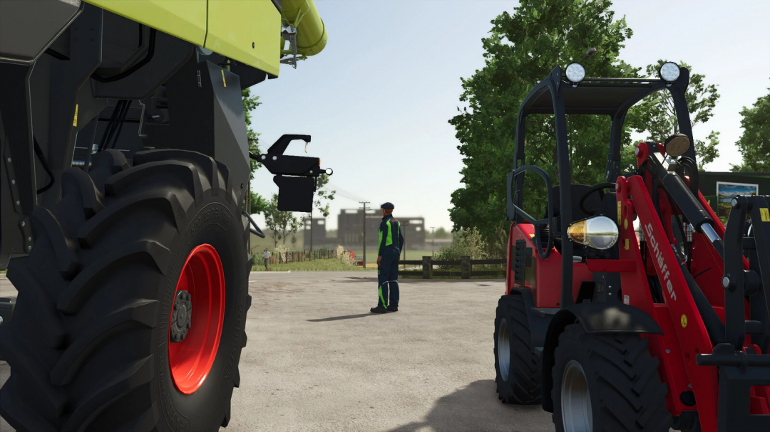 FS25 mod Decrease Reverse Beep v1.0.0.0: large tractor and loader in farm setting.