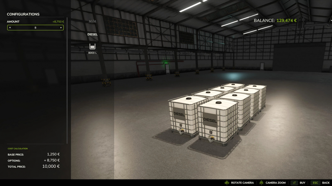 FS25 Diesel Tank mod v1.0.0.0 showcasing 8000L diesel containers in a warehouse setting.