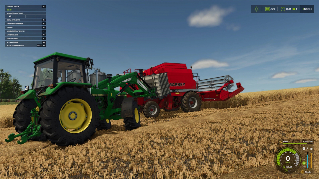 FS25 mods: Green tractor and red harvester in wheat field, Diesel Tank v1.0.0.0.