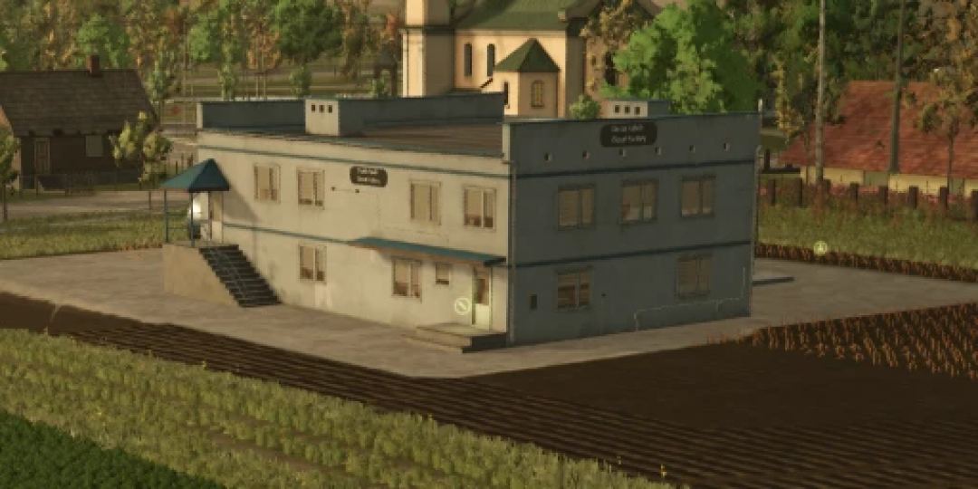 Diesel factory mod in FS25, showcasing a modern industrial building amidst farmland.