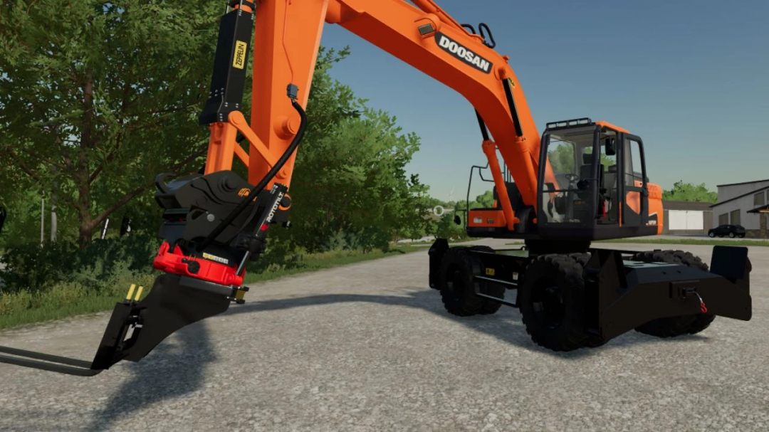 Doosan DX210W excavator in Farming Simulator 22 mod, parked on a gravel road with trees and buildings in the background.