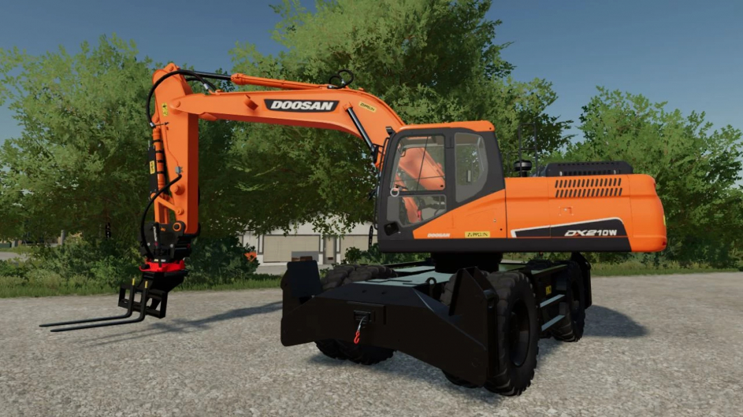 Doosan DX210W excavator mod in FS22, featuring orange construction with fork attachment.