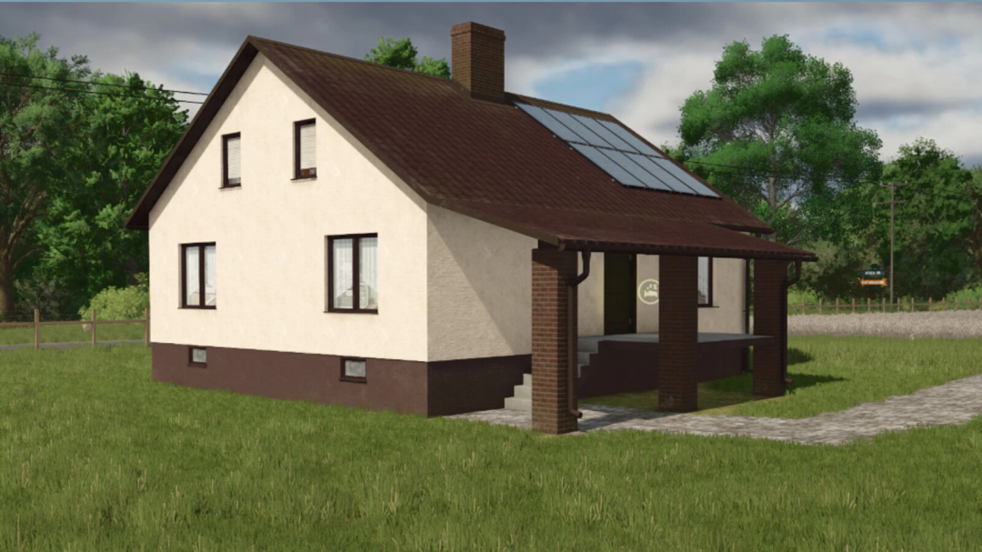 Elegant House mod in Farming Simulator 25 showcases a cream house with solar panels, set in a grassy landscape.