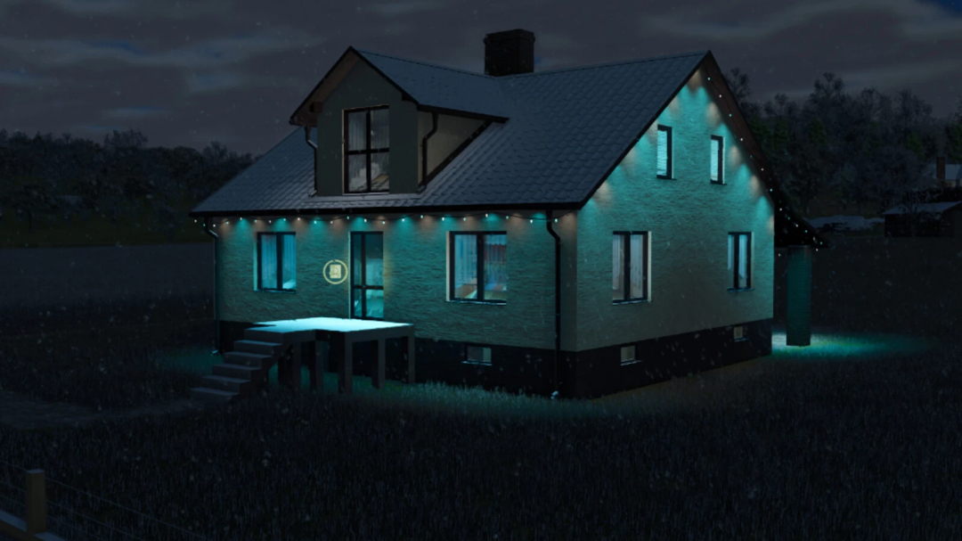 Elegant House mod in FS25, featuring a modern house with blue lighting at night.