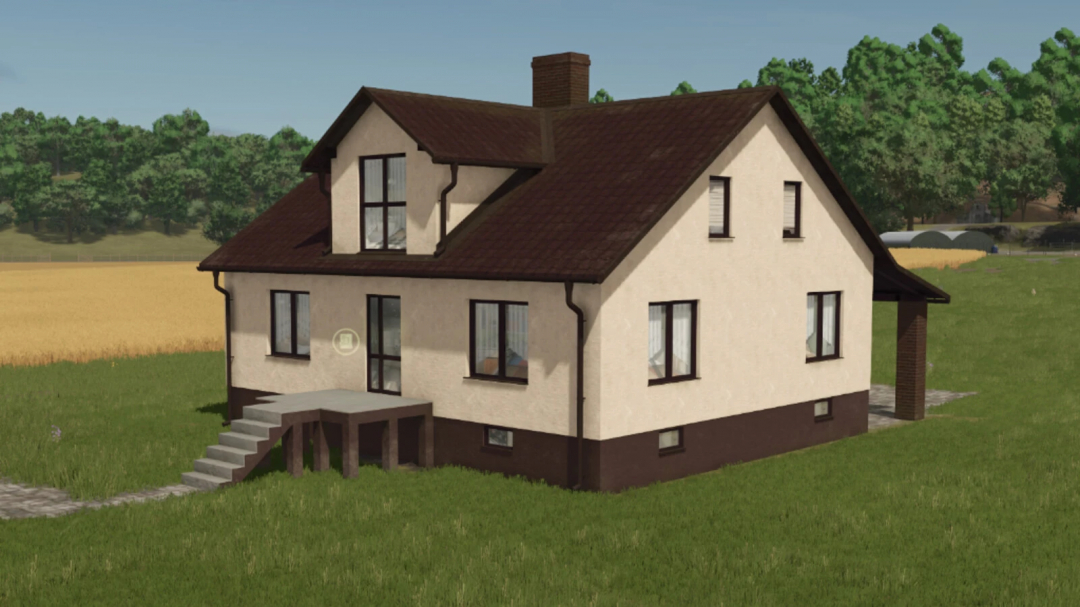 Elegant House mod for FS25, featuring a two-story home with brown roof and beige walls, set in a grassy field.