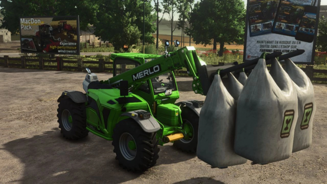 FS25 mod Eperon BR72 v1.0.0.0 features a telehandler lifting bags in a Farming Simulator 25 setting.