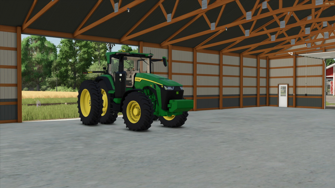 FS25 60x88 Shed mod featuring a green tractor inside a spacious shed, showcasing Farming Simulator 25 mods.