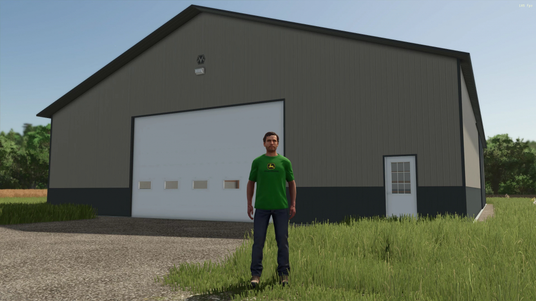 FS25 mod showing a large 60x88 shed with a person standing outside in Farming Simulator 25.