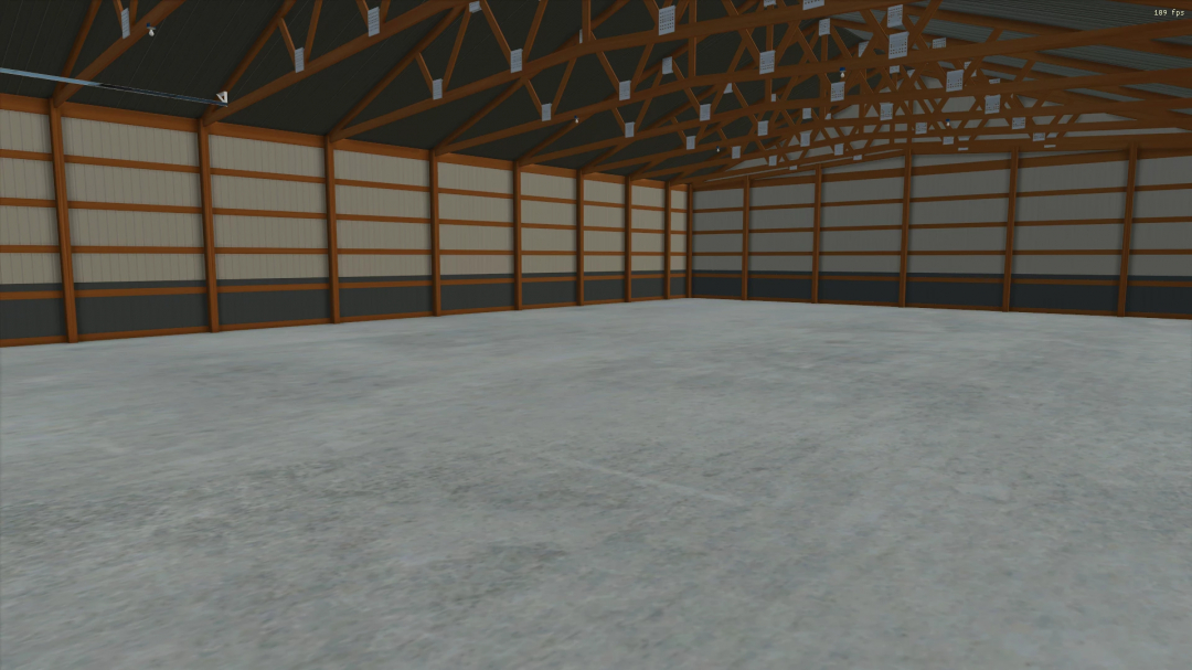 Interior view of FS25 60x88 Shed mod for Farming Simulator 25, showcasing spacious steel-framed design.